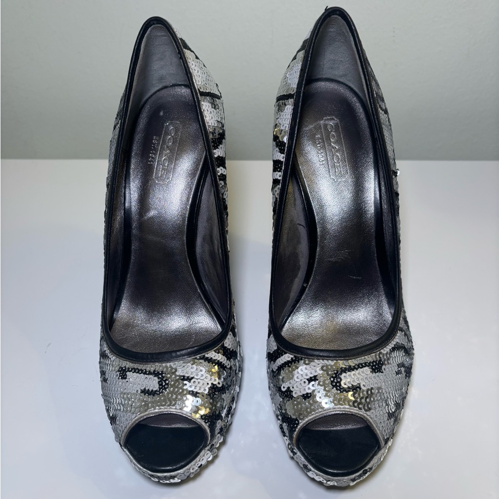 Coach Ashley Sequined Open Toe Platform Heels Sz 7